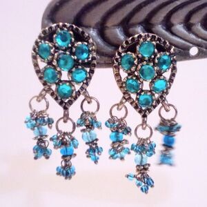 Eastern Inspired Silver Tone Teal Rhinestone and Beaded Earrings